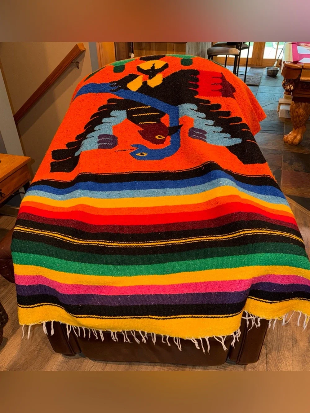 Vintage Hand Woven CANCUN Mexico Rainbow Blanket Throw Eagle Snake 80” X 50” Vtg